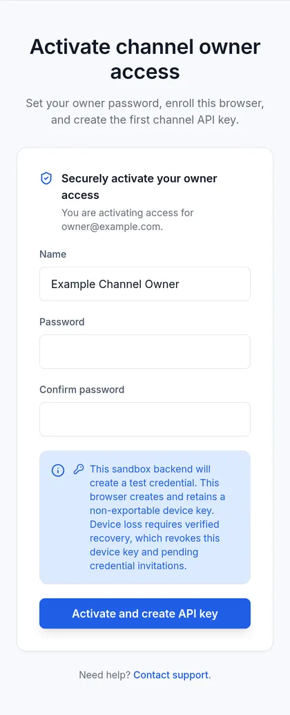 The activation page, before anything is typed: a Name field already holding the owner's name, empty Password and Confirm password fields, a note about the device key, and one button reading Activate and create API key.